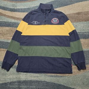 IZOD Rugby Pullover Men XL Colorblock Long Sleeve Polo Crest Logo Heavy Cotton